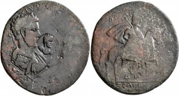 CARIA. Stratonicaea. Caracalla &amp; Geta, 209-211. Hexassarion (?) (Bronze, 36 mm, 14.40 g, 5 h). [AY K M AYP ANTΩNINOC C Λ CЄ ΓЄTAC K] Laureate, dra...