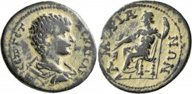 PHRYGIA. Amorium. Geta, as Caesar, 198-209. Assarion (Bronze, 28 mm, 8.46 g, 1 h). CЄΠ ΓЄTAC KAICAP Bare-headed and draped bust of Geta to right, seen...