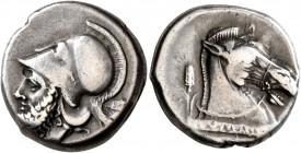 Anonymous, circa 300/280-276 BC. Didrachm (Silver, 18 mm, 7.40 g, 8 h), Neapolis (?). Helmeted head of Mars to left; behind, oak spray. Rev. Horse’s h...