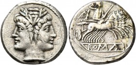 Anonymous, circa 225-214 BC. Quadrigatus - Didrachm (Silver, 17 mm, 5.11 g, 1 h), Rome. Laureate head of Janus. Rev. ROMA Jupiter, hurling thunderbolt...