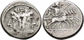 Anonymous, circa 225-214 BC. Quadrigatus - Didrachm (Silver, 18 mm, 5.48 g, 12 h), Rome. Laureate head of Janus. Rev. ROMA Jupiter, hurling thunderbol...