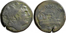 Anonymous, circa 217-215 BC. Sextans (Bronze, 30 mm, 25.72 g, 11 h), Rome. Head of Mercury to right, wearing winged petasus; above, two pellets. Rev. ...