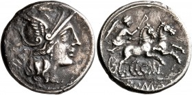 C. Thalna, 154 BC. Denarius (Silver, 18 mm, 3.82 g, 7 h), Rome. Head of Roma to right, wearing winged helmet; behind, X. Rev. Victory in prancing biga...