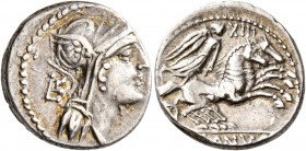 M. Junius Silanus, 145 BC. Denarius (Silver, 17 mm, 3.70 g, 3 h), Rome. Head of Roma to right, wearing winged helmet; behind, control. Rev. Victory in...