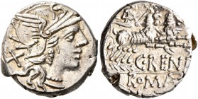 C. Renius, 138 BC. Denarius (Silver, 17 mm, 3.89 g, 2 h), Rome. Head of Roma to right, wearing winged helmet; behind, X. Rev. C•RENI / ROMA Juno drivi...