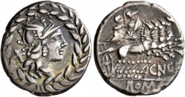 Cn. Gellius, 138 BC. Denarius (Silver, 19 mm, 3.87 g, 12 h), Rome. Helmeted head of Roma to right; behind, X; all within laurel wreath. Rev. Helmeted ...