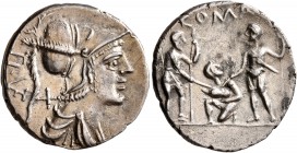 Ti. Veturius, 137 BC. Denarius (Silver, 19 mm, 3.81 g, 3 h), Rome. Helmeted and draped bust of Mars to right; behind, X and T•I• VET. Rev. Oath-taking...