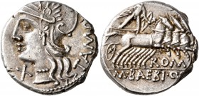 M. Baebius Q.f. Tampilus, 137 BC. Denarius (Silver, 17 mm, 3.94 g, 6 h), Rome. TAMP[IL] Head of Roma to left, wearing winged helmet; before, X. Rev. R...