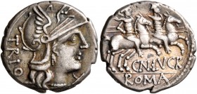 Cn. Lucretius Trio, 136 BC. Denarius (Silver, 18 mm, 3.77 g, 12 h), Rome. TRIO Helmeted head of Roma to right; below her chin, X. Rev. CN•LVCR / ROMA ...