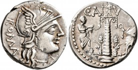 Ti. Minucius C.f. Augurinus, 134 BC. Denarius (Silver, 18 mm, 3.94 g, 4 h), Rome. ROMA Head of Roma to right, wearing winged helmet; below chin, X. Re...