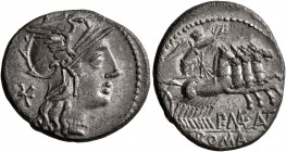 P. Maenius Antiacus M.f, 132 BC. Denarius (Silver, 20 mm, 3.72 g, 9 h), Rome. Head of Roma to right, wearing winged helmet; behind, mark of value. Rev...
