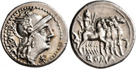 Q. Caecilius Metellus, 130 BC. Denarius (Silver, 20 mm, 3.96 g), Rome. Q•M ET E Helmeted head of Roma to right; below her chin, star (mark of value). ...