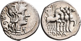 M. Vargunteius, 130 BC. Denarius (Silver, 19 mm, 3.93 g, 1 h), Rome. M•VAR G Head of Roma to right, wearing winged helmet; below chin, star. Rev. ROMA...