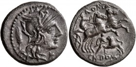 Cn. Domitius Ahenobarbus, 128 BC. Denarius (Silver, 18 mm, 3.69 g, 12 h), Rome. Head of Roma to right, wearing winged helmet; behind, grain ear; befor...