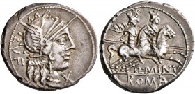 Q. Minucius Rufus, 122 BC. Denarius (Silver, 20 mm, 3.91 g, 8 h), Rome. RVF Helmeted head of Roma to right; below her chin, X. Rev. Q•MINV / ROMA The ...