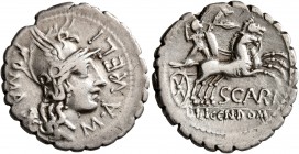 M. Aurelius Scaurus, 118 BC. Denarius (Silver, 20 mm, 3.75 g, 3 h), Rome. ROMA M•AVRELI Head of Roma, wearing winged helmet, to right; behind, star. R...
