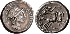 M. Cipius M.f, 115-114 BC. Denarius (Silver, 16 mm, 3.95 g, 3 h), Rome. M•CIPI•M•F Helmeted head of Roma to right; behind, X. Rev. ROMA Victory in pra...