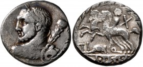 Ti. Quinctius, 112-111 BC. Denarius (Silver, 18 mm, 2.70 g, 7 h), Rome. Bust of Hercules to left, seen from behind and draped with lion skin, holding ...