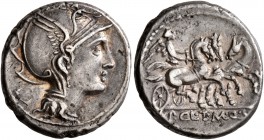Appius Claudius Pulcher, T. Manlius Mancius and Q. Urbinius, 111-110 BC. Denarius (Silver, 17 mm, 3.98 g, 6 h), Rome. Head of Roma to right, wearing w...