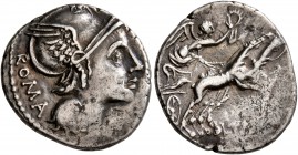 L. Flaminius Chilo, 109-108 BC. Denarius (Silver, 19 mm, 3.95 g, 2 h), Rome. ROMA Head of Roma to right, wearing winged helmet; before, X. Rev. L•[FLA...