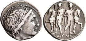 L. Memmius, 109-108 BC. Denarius (Silver, 19 mm, 3.77 g, 6 h), Rome. Male head to right, wearing wreath of oak; [below chin, X]. Rev. L•MEMMI The Dios...