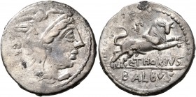L. Thorius Balbus, 105 BC. Denarius (Silver, 20 mm, 3.56 g, 6 h), Rome. [I]•S•M[•R] Head of Juno Sospita to right, wearing goat-skin headdress. Rev. F...