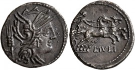 L. Julius, 101 BC. Denarius (Silver, 18 mm, 3.30 g, 4 h), Rome. Helmeted head of Roma to right; behind, stalk of grain. Rev. L•IVLI Victory in prancin...