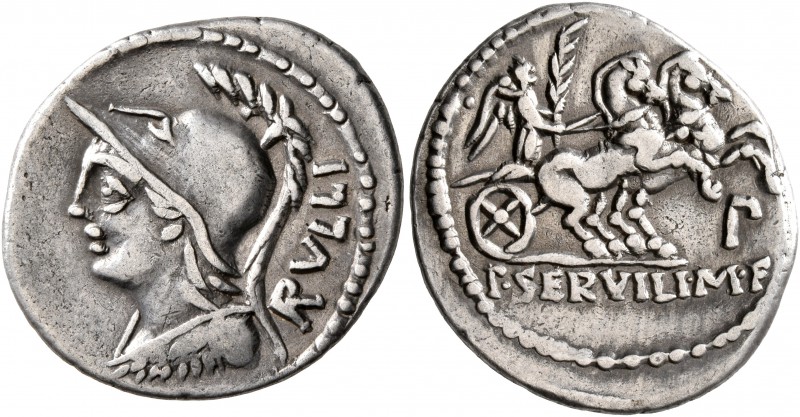 P. Servilius M.f. Rullus, 100 BC. Denarius (Silver, 21 mm, 3.88 g, 11 h), Rome. ...
