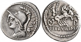 P. Servilius M.f. Rullus, 100 BC. Denarius (Silver, 21 mm, 3.88 g, 11 h), Rome. RVLLI Helmeted bust of Minerva to left, wearing aegis. Rev. P•SERVILLI...