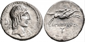 L. Calpurnius Piso Frugi, 90 BC. Denarius (Silver, 18 mm, 3.61 g, 1 h), Rome. Laureate head of Apollo to right; behind, D; before, A. Rev. L PISO FRVG...