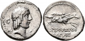 L. Calpurnius Piso Frugi, 90 BC. Denarius (Silver, 18 mm, 3.74 g, 6 h), Rome. Laureate head of Apollo to right; behind, G; before, G. Rev. L•PISO FRVG...