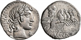 C. Vibius C.f. Pansa, 90 BC. Denarius (Silver, 18 mm, 3.65 g, 5 h), Rome. PANSA Laureate head of Apollo to right; below chin, star. Rev. C•VIBIVS•[C•F...