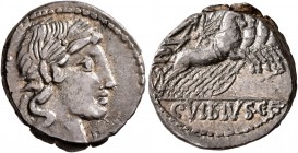 C. Vibius C.f. Pansa, 90 BC. Denarius (Silver, 17 mm, 3.84 g, 5 h), Rome. [PANSA] Laureate head of Apollo to right: below chin, control mark. Rev. C•V...