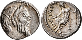 C. Vibius C.f. Pansa, 90 BC. Denarius (Silver, 16 mm, 4.09 g, 7 h), Rome. [PANSA] Mask of bearded Pan to right; behind, pedum. Rev. [C•VIBIVS•C•F•C•N]...