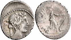 C. Vibius C.f. Pansa, 90 BC. Denarius (Silver, 20 mm, 3.54 g, 7 h), Rome. PANSA Ivy-wreathed head of Liber to right. Rev. C VIBIVS CF CN Ceres advanci...