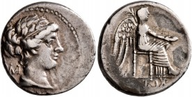 M. Cato, 89 BC. Denarius (Silver, 17 mm, 3.83 g, 1 h), Rome. [RO]MA / [M CATO] Diademed and draped bust of female to right. Rev. VICTRIX Victory seate...