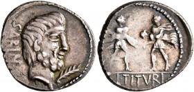 L. Titurius L.f. Sabinus, 89 BC. Denarius (Silver, 18 mm, 3.85 g, 7 h), Rome. SABIN Bare-headed and bearded head of King Titus Tatius to right; below,...