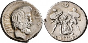 L. Titurius L.f. Sabinus, 89 BC. Denarius (Silver, 18 mm, 4.14 g, 10 h), Rome. SABIN Bare-headed and bearded head of King Titus Tatius to right; below...