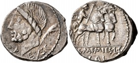L. and C. Memmius L.f. Galeria, 87 BC. Denarius (Silver, 17 mm, 3.82 g, 5 h), Rome. EX•S•C Laureate head of Saturn to left; to left, control-mark; beh...