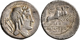 L. Julius Bursio, 85 BC. Denarius (Silver, 20 mm, 3.91 g, 4 h), Rome. Laureate, winged, and draped bust of Apollo Vejovis right; behind, trident and h...