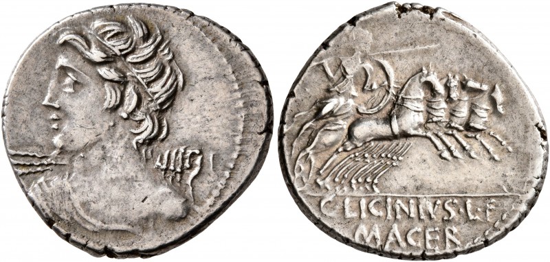 C. Licinius L.f. Macer, 84 BC. Denarius (Silver, 20 mm, 4.08 g, 6 h), Rome. Bust...