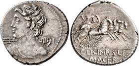 C. Licinius L.f. Macer, 84 BC. Denarius (Silver, 20 mm, 4.08 g, 6 h), Rome. Bust of Apollo to left, seen from behind, holding thunderbolt in in his ri...