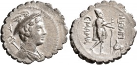 C. Mamilius Limetanus, 82 BC. Denarius (Silver, 21 mm, 3.54 g, 8 h), Rome. Draped bust of Mercury to right, wearing winged petasos and with caduceus o...