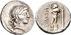L. Censorinus, 82 BC. Denarius (Silver, 17 mm, 3.12 g, 4 h), Rome. Laureate head of Apollo to right. Rev. L•CENSOR Marsyas, bald-headed, advancing to ...