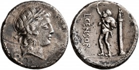 L. Censorinus, 82 BC. Denarius (Silver, 17 mm, 3.67 g, 1 h), Rome. Laureate head of Apollo to right. Rev. L•CENSOR Marsyas, bald-headed, advancing to ...