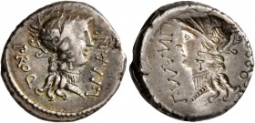 L. Manlius Torquatus, 82 BC. Denarius (Silver, 17 mm, 3.82 g, 12 h), with L. Cornelius Sulla,, military mint moving with Sulla. L•MANLI – PRO Q Helmet...