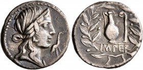 Q. Caecilius Metellus Pius, 81 BC. Denarius (Silver, 18 mm, 3.78 g, 9 h), Rome. Diademed head of Pietas to right; before, stork. Rev. IMPER Jug and li...