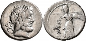 L. Procilius, 80 BC. Denarius (Silver, 18 mm, 3.73 g, 7 h), Rome. Laureate head of Jupiter to right; behind, S•C. Rev. L•PROCILI / F Juno Sospita, wea...