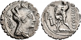 C. Poblicius Q.f, 80 BC. Denarius (Silver, 18 mm, 3.60 g, 9 h), Rome. ROMA - B Helmeted and draped bust of Roma to right. Rev. C•POBLICI•Q[•F] - B Her...