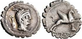 L. Papius, 79 BC. Denarius (Silver, 20 mm, 3.78 g, 4 h), Rome. Head of Juno Sospita to right, wearing goat-skin headdress; behind, jug. Rev. L•PAPI Gr...